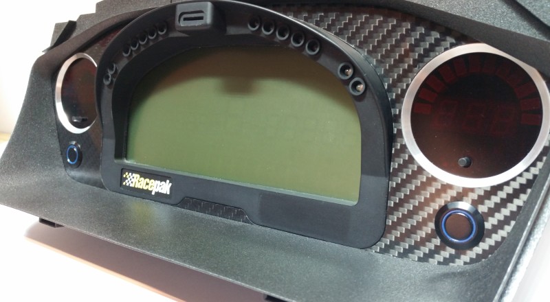 A Custom Cluster built for a Mitsubishi Evolution 8 to hold a Racepak IQ3 Display Dash View