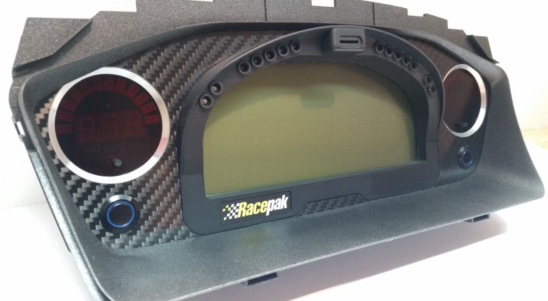 A Custom Cluster built for a Mitsubishi Evolution 8 to hold a Racepak IQ3 Display Dash Lower Left View