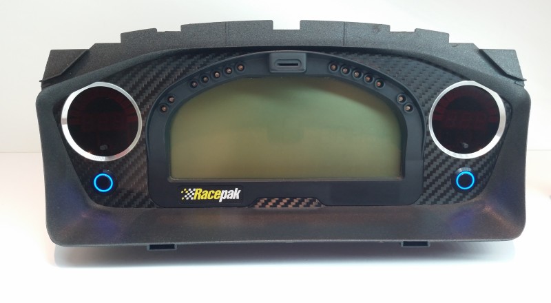 A Custom Cluster built for a Mitsubishi Evolution 8 to hold a Racepak IQ3 Display Dash Front View