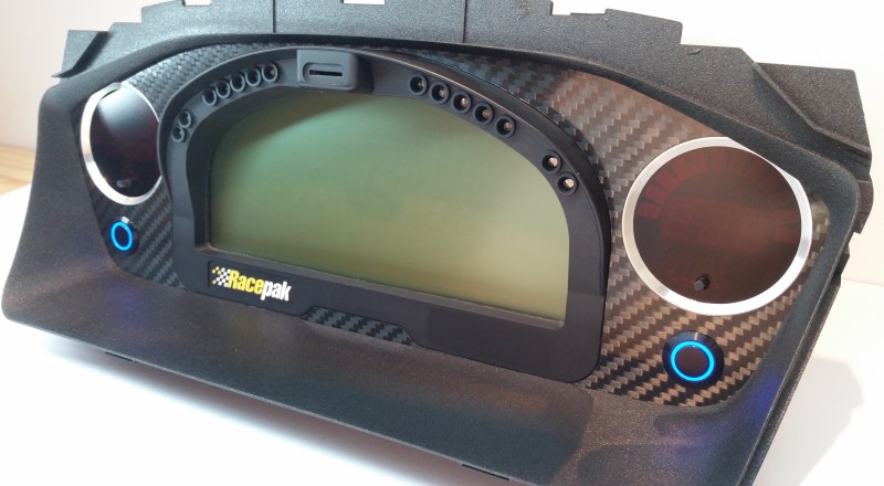 A Custom Cluster built for a Mitsubishi Evolution 8 to hold a Racepak IQ3 Display Dash Right View