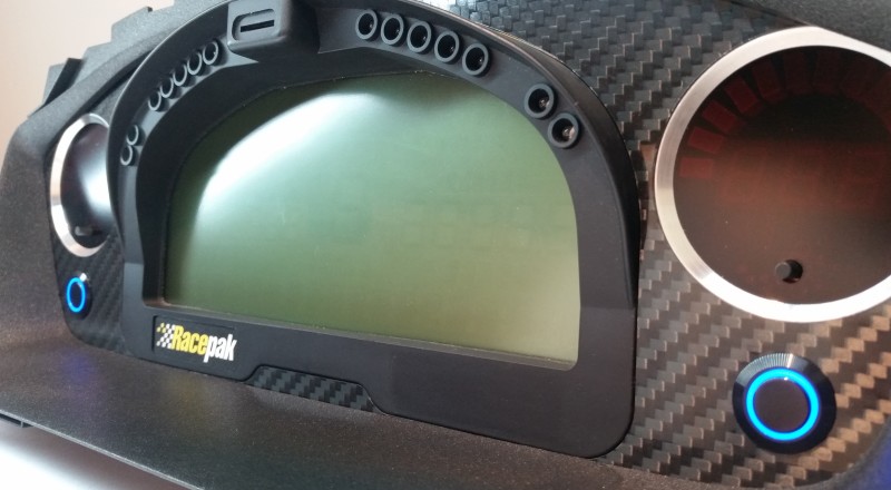 A Custom Cluster built for a Mitsubishi Evolution 8 to hold a Racepak IQ3 Display Dash Close up Right