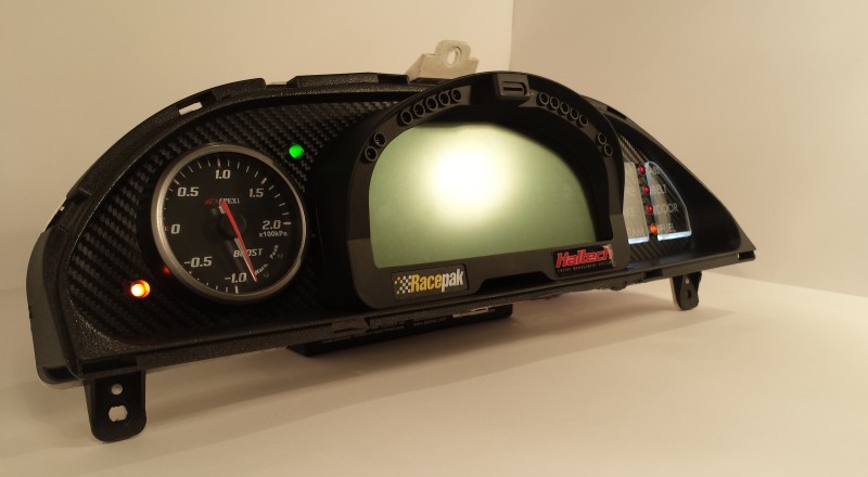 A Custom Nissan S13, 180sx or 240sx Cluster with a Racepak IQ3 Display Dash Face mounted Gauge Front Left
