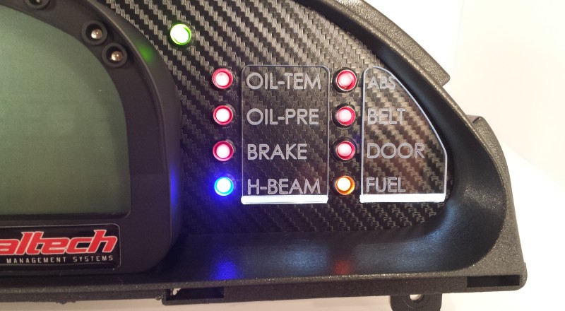 A Custom Nissan S13, 180sx or 240sx Cluster with a Racepak IQ3 Display Dash Face mounted Incdicators