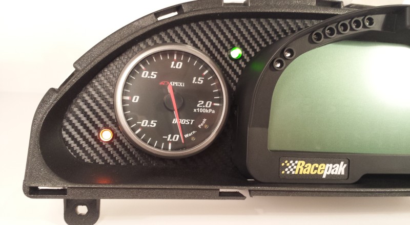 A Custom Nissan S13, 180sx or 240sx Cluster with a Racepak IQ3 Display Dash Face mounted Gauge