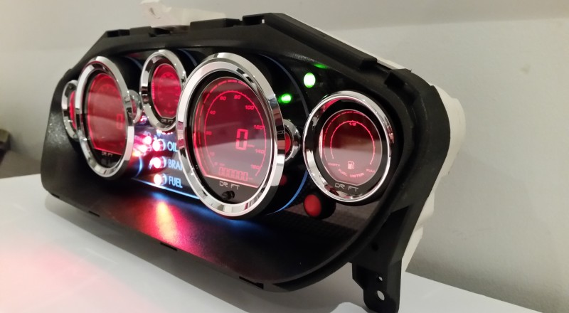 A Custom Nissan S14 Silvia 240sx Cluster built with a set of Drift Iridium LED Gauges Right Illuminated White