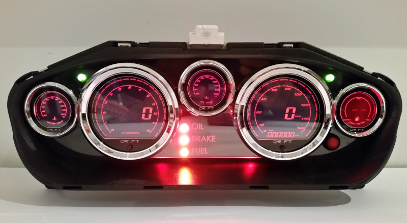 A Custom Nissan S14 Silvia 240sx Cluster built with a set of Drift Iridium LED Gauges Front Illuminated Red