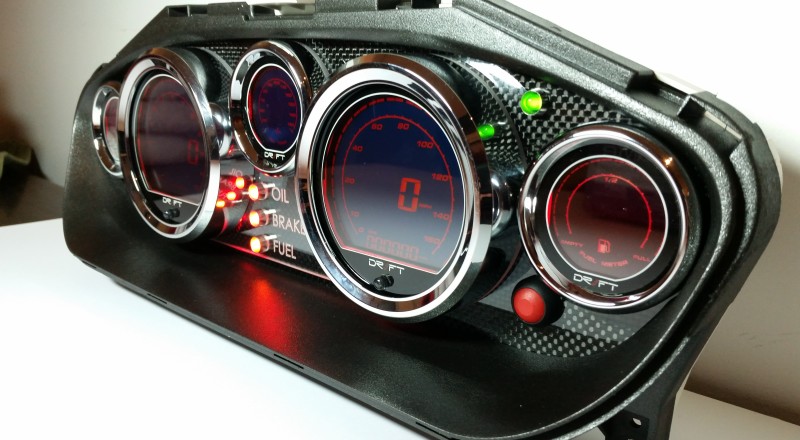 A Custom Nissan S14 Silvia 240sx Cluster built with a set of Drift Iridium LED Gauges Right Illuminated Red