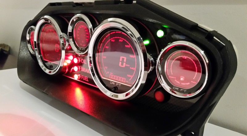 A Custom Nissan S14 Silvia 240sx Cluster built with a set of Drift Iridium LED Gauges Right Illuminated Red