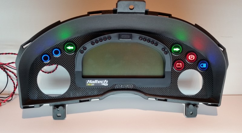 R34 Dash Iq3 Display with Gauge cutouts and Warning Indicators Front View